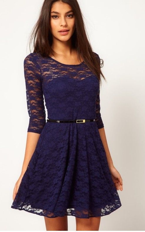 Dark Purple Collarless Half Sleeve Lace Dress
